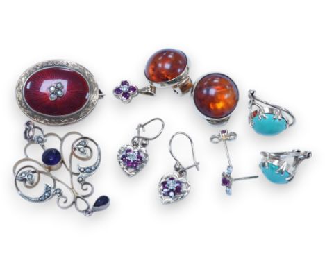 An Edwardian yellow metal, enamel and seed pearl set oval brooch, 25mm, a similar 9ct and gem set pendant, four pairs of late