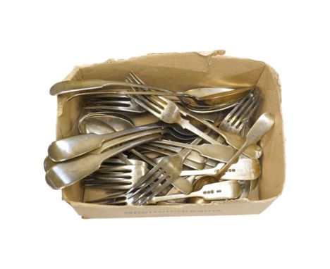 A Victorian harlequin part canteen of silver fiddle pattern flatware, various date and makers, 46.1oz. Condition - poor