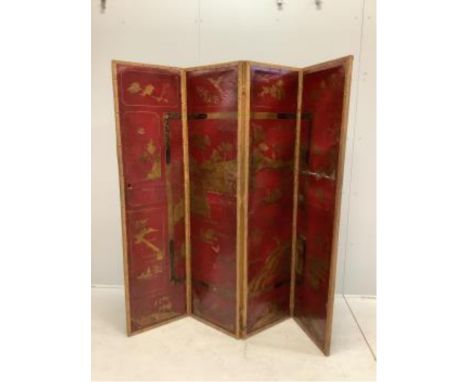 An early 20th century chinoiserie painted leather four fold screen, each panel width 46cm, height 180cm. Condition - poor to 