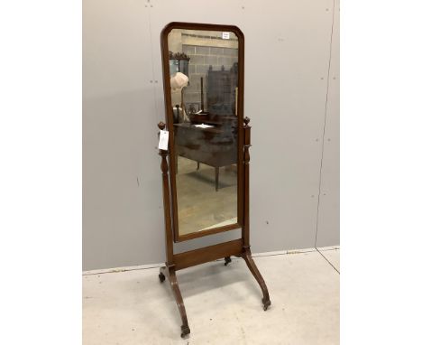An early 20th century mahogany cheval mirror with moulded frame and reeded down swept legs, width 54cm, height 159cm. Conditi