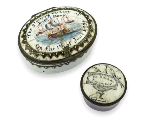 Two 18th century South Staffordshire enamel patch boxes, one inscribed 'The Glorious Victory, Earl Howe, on the 1st of June 1
