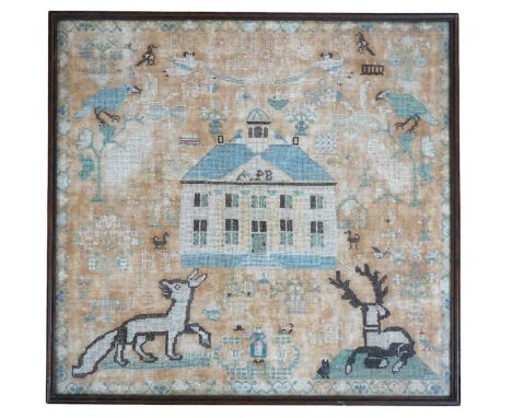 A framed 18th century sampler, dated 1779 by SS., worked in fine cross stitch with motifs of angels, figures, flowers, trees 