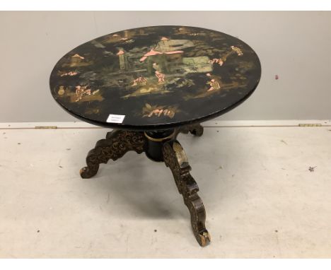 A 19th century chinoiserie lacquered circular tilt top tripod table, diameter 65cm, height 54cm, (reduced). Condition - poor