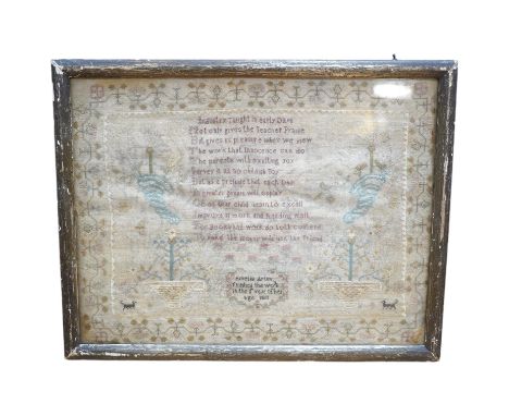 A gilt framed finely worked Regency gauze sampler, by Amelia Artus, aged 8 years, dated 1813, worked on fine gauze with colou