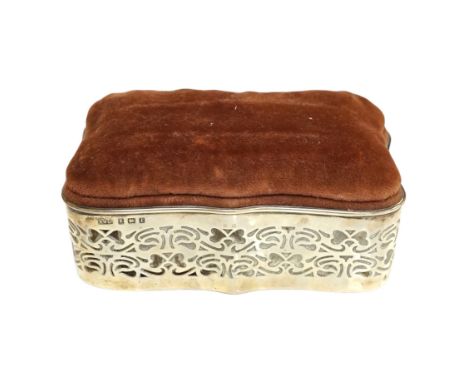 An Edwardian pierced silver mounted pin cushion/trinket box, by Henry Williamson Ltd, Birmingham, 1905, 12.8cm. Condition - p