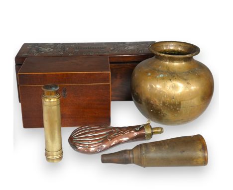 A 19th century inlaid rosewood 'Grabuge' box, a tea caddy, two shot flasks, telescope and brass bowl, largest 34cm wide. Cond