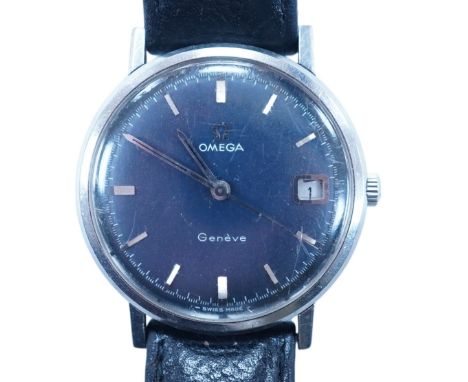 A gentleman's late 1960's stainless steel Omega manual wind wrist watch, with baton numerals and date aperture, movement c.61