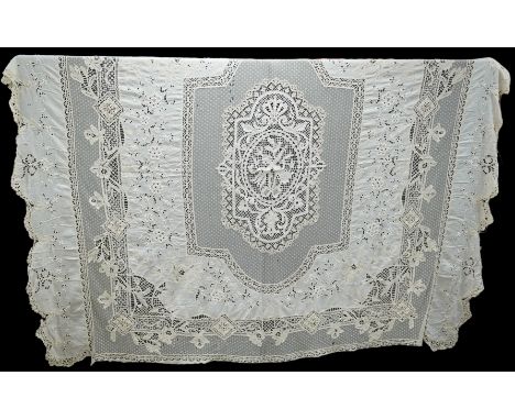An ornate Edwardian bed cover, handmade from cut work anglaise panels, fine spot motif net and bobbin lace insertions, 228cm 