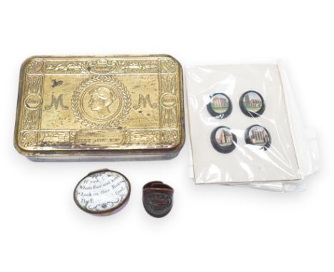 An 18th century enamel patch box with motto and four Italian Grand tour style micro-mosaic panels, housed in a 1914 Christmas