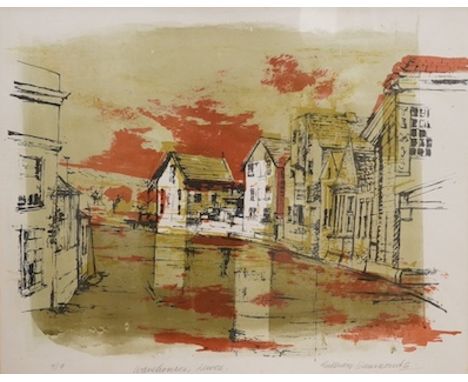Gillian Simmonds, contemporary colour screen print, ‘Warehouses, Lewes’, signed in pencil, limited edition 7/9, 38 x 47cm. Co