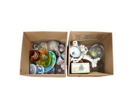 A group of Victorian and later pottery including jasperware, moulded stoneware and a pair of faience candelabra, etc. Conditi