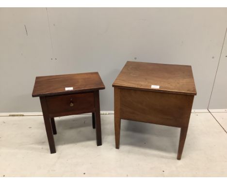 A George III mahogany square topped commode, width 42cm, depth 40cm, height 46cm together with a small mahogany stool/table. 