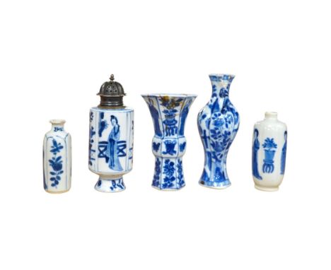 Five Chinese blue and white small vases, Kangxi period, one Dutch silver mounted as a sugar castor, tallest 11cm. Condition -