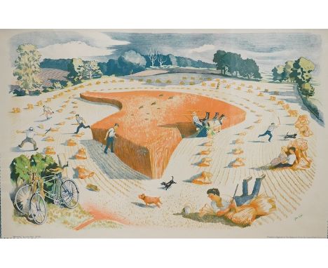 After John Nash RA (1893-1977), colour lithographic school print, Harvesting, printed in England at The Baynard Press, 49 x 7