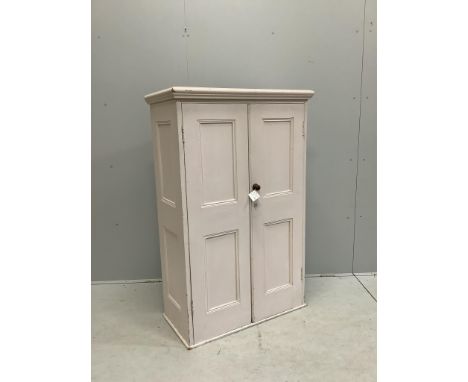 A Victorian painted pine panelled cupboard the interior with three shelves, width 86cm, depth 43cm, height 135cm. Condition -