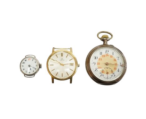 A gentleman's steel and gold plated Omega manual wind wrist watch, no strap, case diameter 35mm, together with a lady's silve