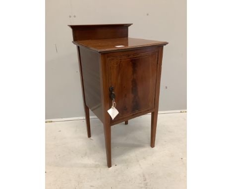 An Edwardian mahogany bedside cabinet on square tapered legs, width 42cm, depth 41cm, height 83cm. Condition - fairProvenance