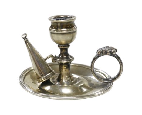 A George III miniature silver chamber stick, Emes &amp; Barnard, London, 1815(a.f.), with matching snuffer, base diameter 75m