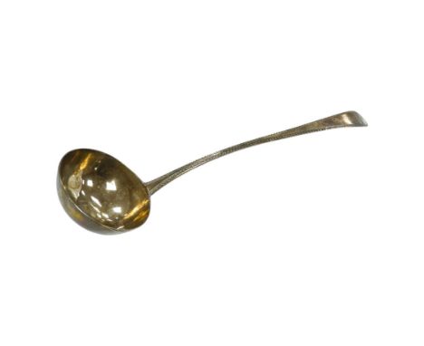 An 18ct century silver Old English pattern soup ladle, pinched marks, 32.8cm, 4.5oz. Condition - poor to fair