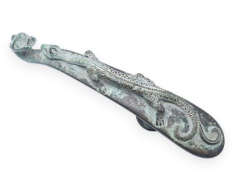 A Chinese bronze belt hook, Song Dynasty or later, 13.5cm wide. Condition - good condition for age