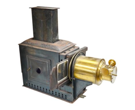 A 19th century magic lantern slide projector, 43cm deep. Condition - black metal rusty