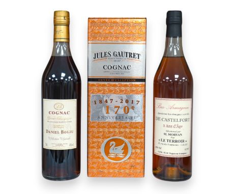 Three bottles of cognac/armagnac - a cased bottle of Jules Gautret 170th anniversary cognac, a bottle of Daniel Bouju Selecti