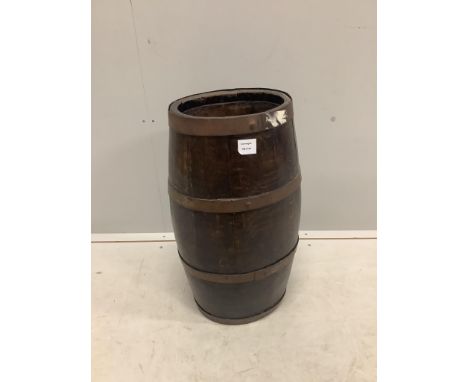 A brass bound oval coopered oak barrel stick stand, height 60cm. Condition - fair