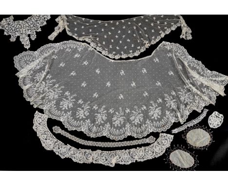 A white tape lace on net bed cover, a cream lace needle run panel, three Brussels bobbin lace collars, a lappet and two beade