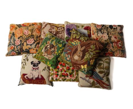 A GROUP OF TEN VARIOUS WOOL NEEDLEPOINT CUSHIONS INCLUDING TWO DEPICTING SEATED PUG DOGS (10)Second half 20th Century  Includ
