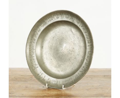 A CZECH PEWTER PLATE WITH HEBREW INSCRIPTIONEarly 19th Century
Maker's mark of Martin Franz Extel, Old Town Prague, with late