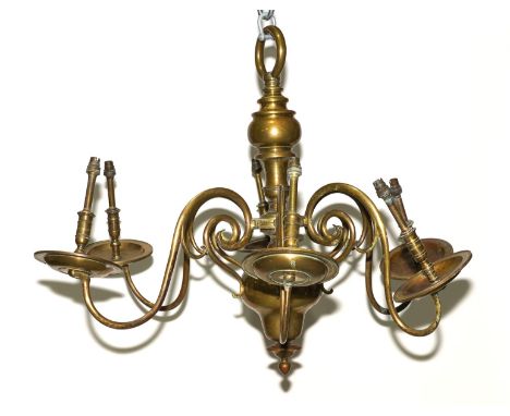 A DUTCH BRASS SIX LIGHT CHANDELIER19th Century 
Of baluster knopped form with scroll arms, later drilled to accommodate elect