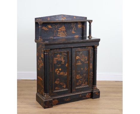 A REGENCY CHINOISERIE DECORATED SHELF BACK CHIFFONIER92cm wide; 37cm deep; 130cmGood overall condition some marks to the top 