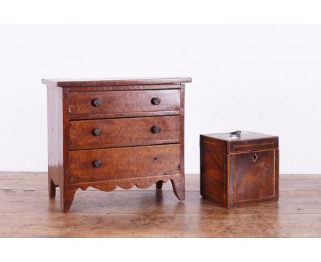 A 19TH CENTURY FRUITWOOD MINIATURE THREE DRAWER CHEST (2)26cm wide; 13cm deep; 24cm high and a George III mahogany square tea