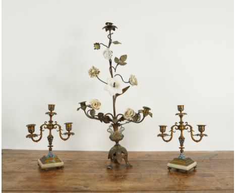 A PAIR OF FRENCH CLOISONNÉ ENAMEL AND BRASS MOUNTED THREE LIGHT CANDELABRALate 19th Century 
Mounted on onyx bases, formerly 
