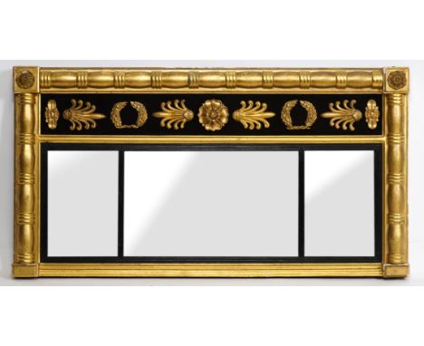 A REGENCY GILT FRAMED TRIPLE PLATE OVERMANTEL MIRRORwith split column decoration 113cm wide; 60cm high