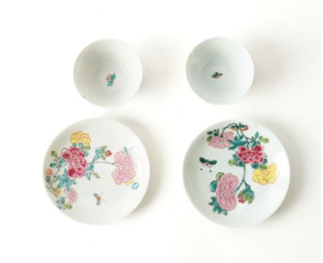 A PAIR OF CHINESE FAMILLE-ROSE TEABOWLS AND SAUCERS (4)Yongzheng
Brightly enamelled with flowering peony and insects, saucers