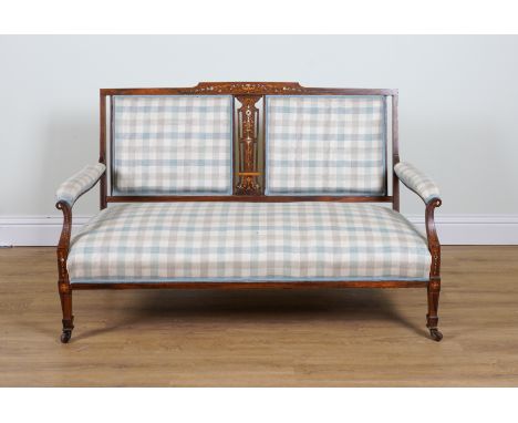 AN EDWARDIAN INLAID ROSEWOOD TWO SEAT SOFA142cm wide; 87cm highOld marks and scratches present two the frame, both arms have 