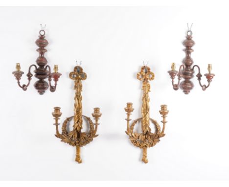A PAIR OF LOUIS XVI STYLE GILTWOOD AND COMPOSITION TWIN-LIGHT WALL APPLIQUÉS (4)20th Century 
Ribbon-tied tassel backplates w