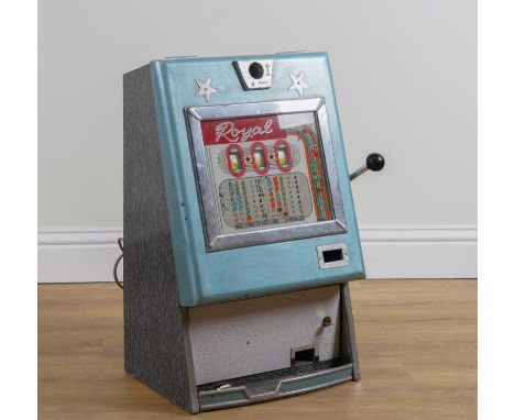 A 'ROYAL' ONE ARMED BANDIT GAMES MACHINE20th Century
The case in gun metal grey, 74.5cm highCondition report:&nbsp;Wired but 