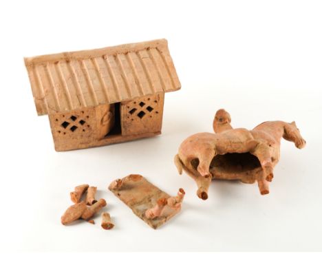 A CHINESE POTTERY MODEL OF A HOUSEProbably Han dynasty
Of rectangular form with pitched roof, one side with an open door with