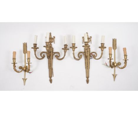 A PAIR OF EMPIRE STYLE GILT-METAL TWIN-LIGHT WALL APPLIQUES AND ANOTHER PAIR (4)Modern
Each with arrow shaped backplates and 