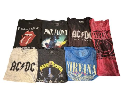 A collection of officially licenced and tour band shirts, to include: The Rolling Stones; AC/DC; Pink Floyd; Nirvana; Guns 'n