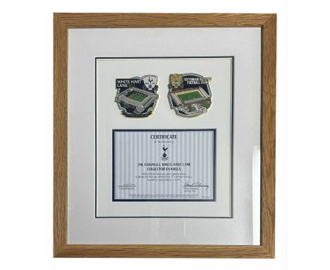 A framed Danbury Mint presentation for Tottenham Hotspur Football Club, containing a pair of Farewell White Hart Lane Collect