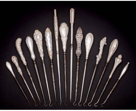 A collection of fifteen assorted silver-handled button hooks, various makers and dates: with steel shaft and hook, various si