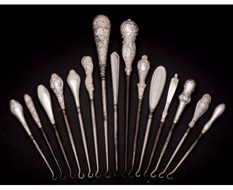 A collection of fifteen assorted silver-handled button hooks, various makers and dates: with steel shaft and hook, various si