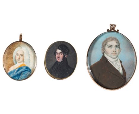 English School 18th Century-A miniature portrait of Andrew Stone Esq., (1703-1773),:- wearing a full wig and a blue robe, ins