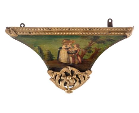 A green painted Continental clock bracket: depicting a gentleman down on one knee in front of a lady within a garden, with ap
