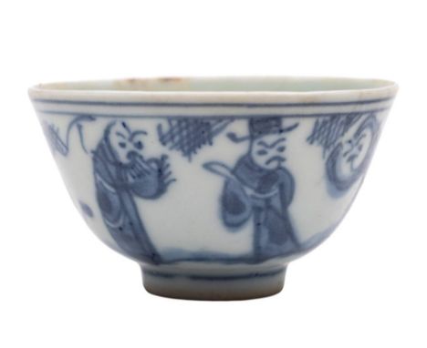 A group of three Chinese blue and white bowls, Ming Dynasty: comprising a Kraak bowl painted with lingzhi sprays within line 