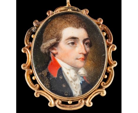 English School Circa 1770-A miniature portrait of a young naval officer,:-head and shoulders with brown eyes, wearing a wig, 