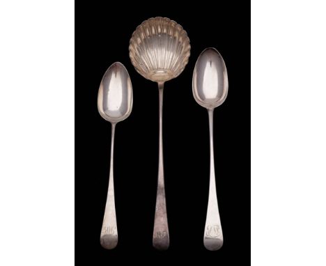 A George III silver Old English pattern serving spoon, maker John Lambe, London, 1800: monogrammed, another George III Old En